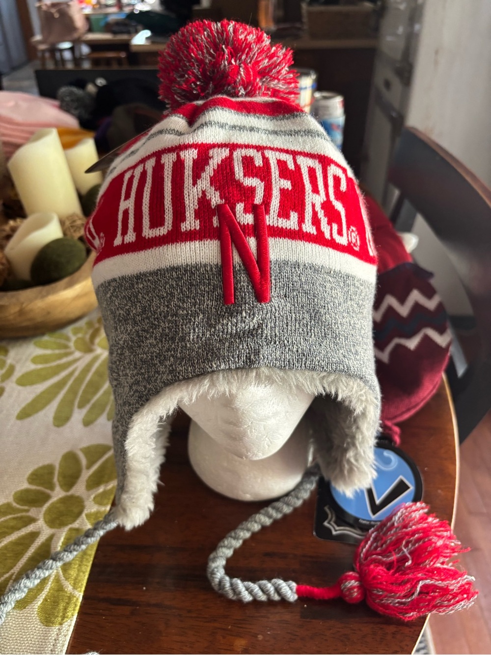 Top of the World Huskers Red Gray White Pom Earflap Beanie NWT